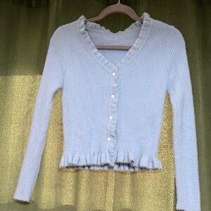Elegant Sky Blue Ruffled Cardigan